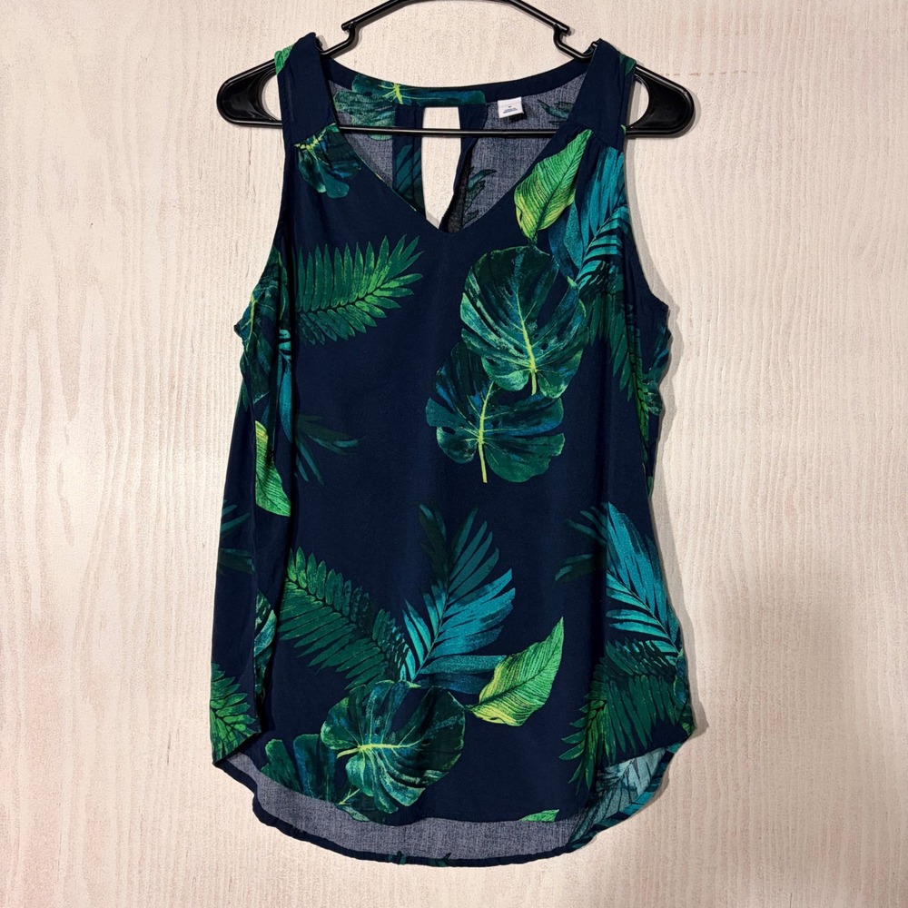 Old Navy Tank Top Womens Medium Blue Green Tropical Palm Leaf Keyhole